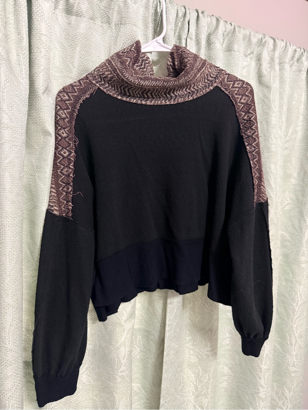 Black Women’s Sweater with Brown Patterned Yoke and Collar